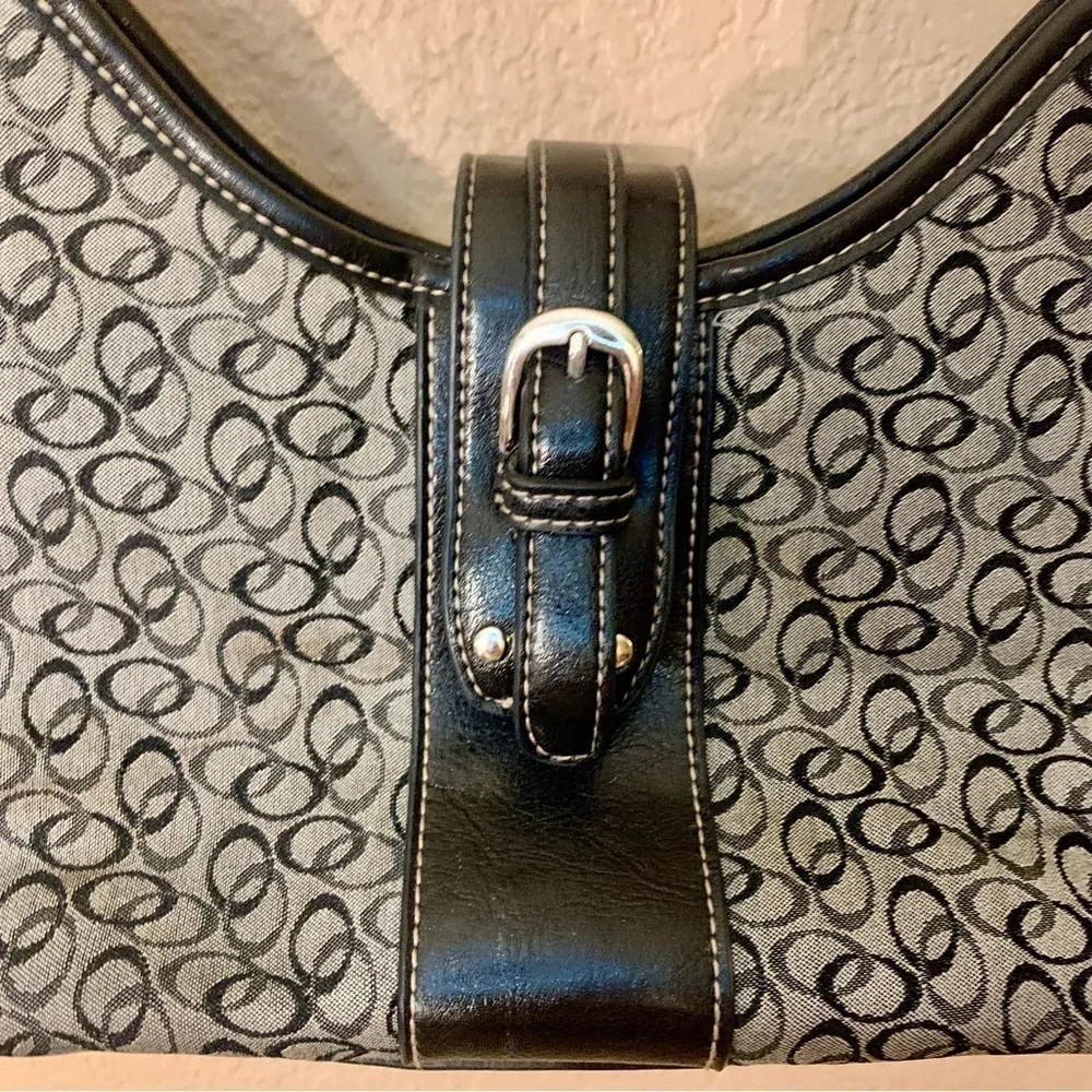 Shoulder Bag Like New Grey Canvas Black Vegan Leather Trim Circular Silver - Picture 3 of 16